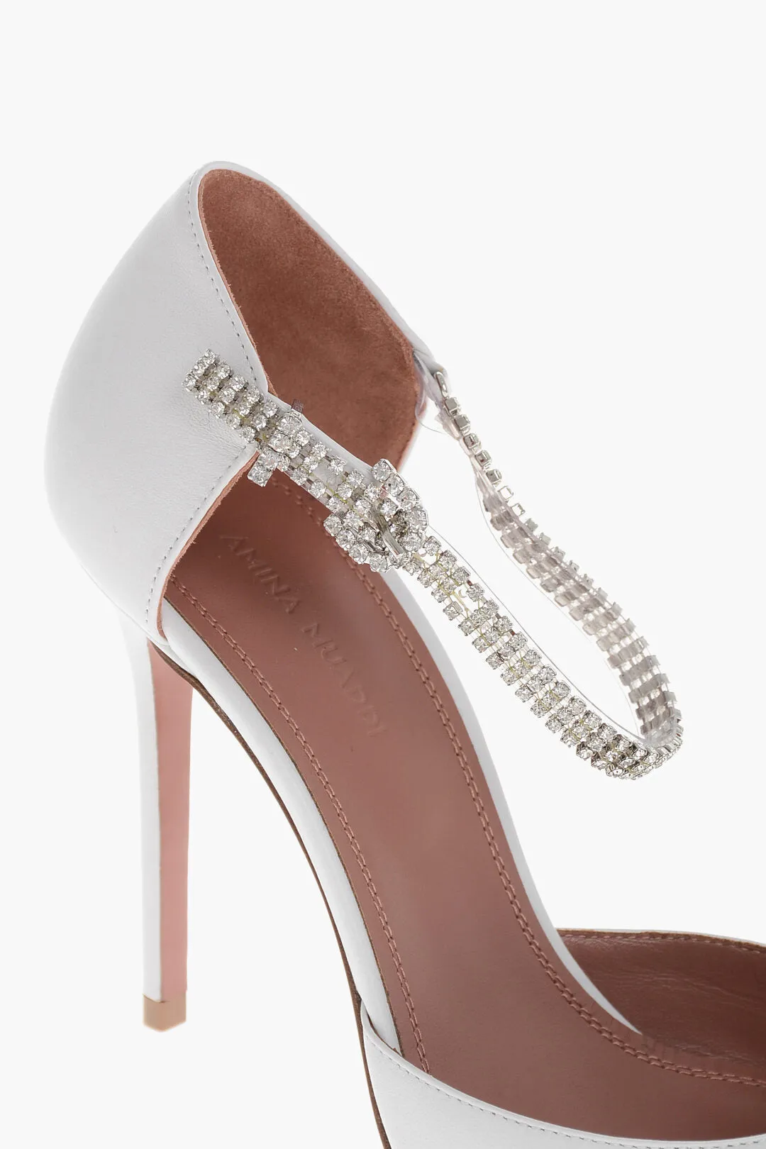 Amina Muaddi Leather Ursina Pumps With Rhinestoned Ankle Strap 10.5Cm