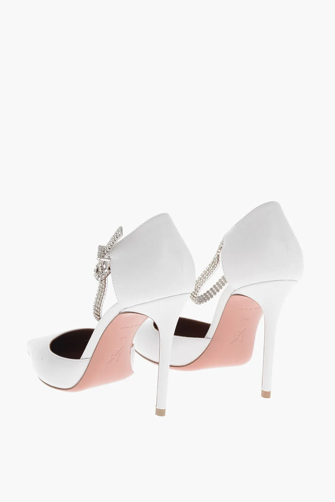 Amina Muaddi Leather Ursina Pumps With Rhinestoned Ankle Strap 10.5Cm
