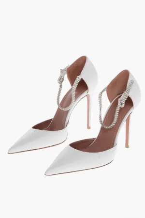 Amina Muaddi Leather Ursina Pumps With Rhinestoned Ankle Strap 10.5Cm