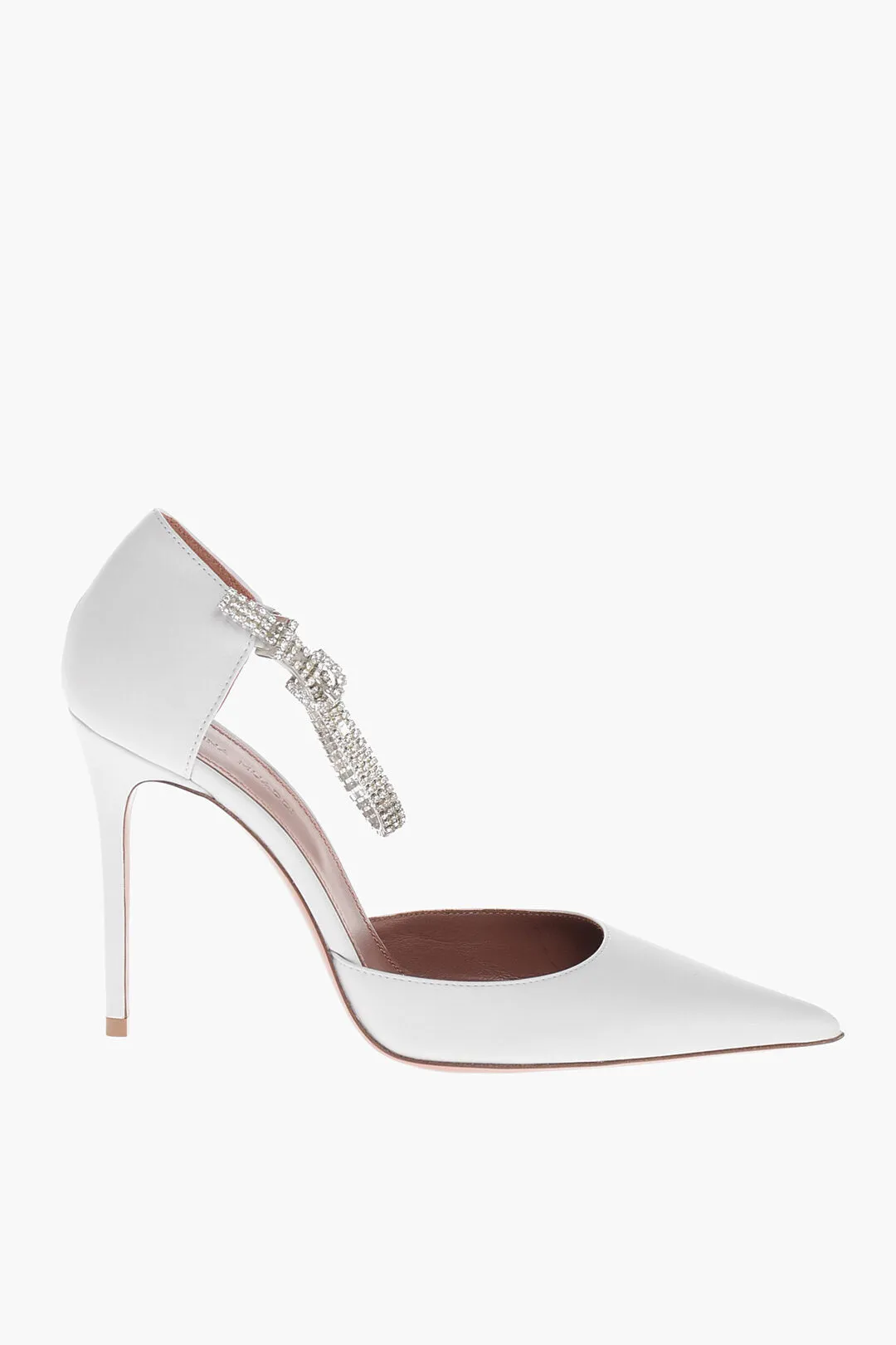 Amina Muaddi Leather Ursina Pumps With Rhinestoned Ankle Strap 10.5Cm