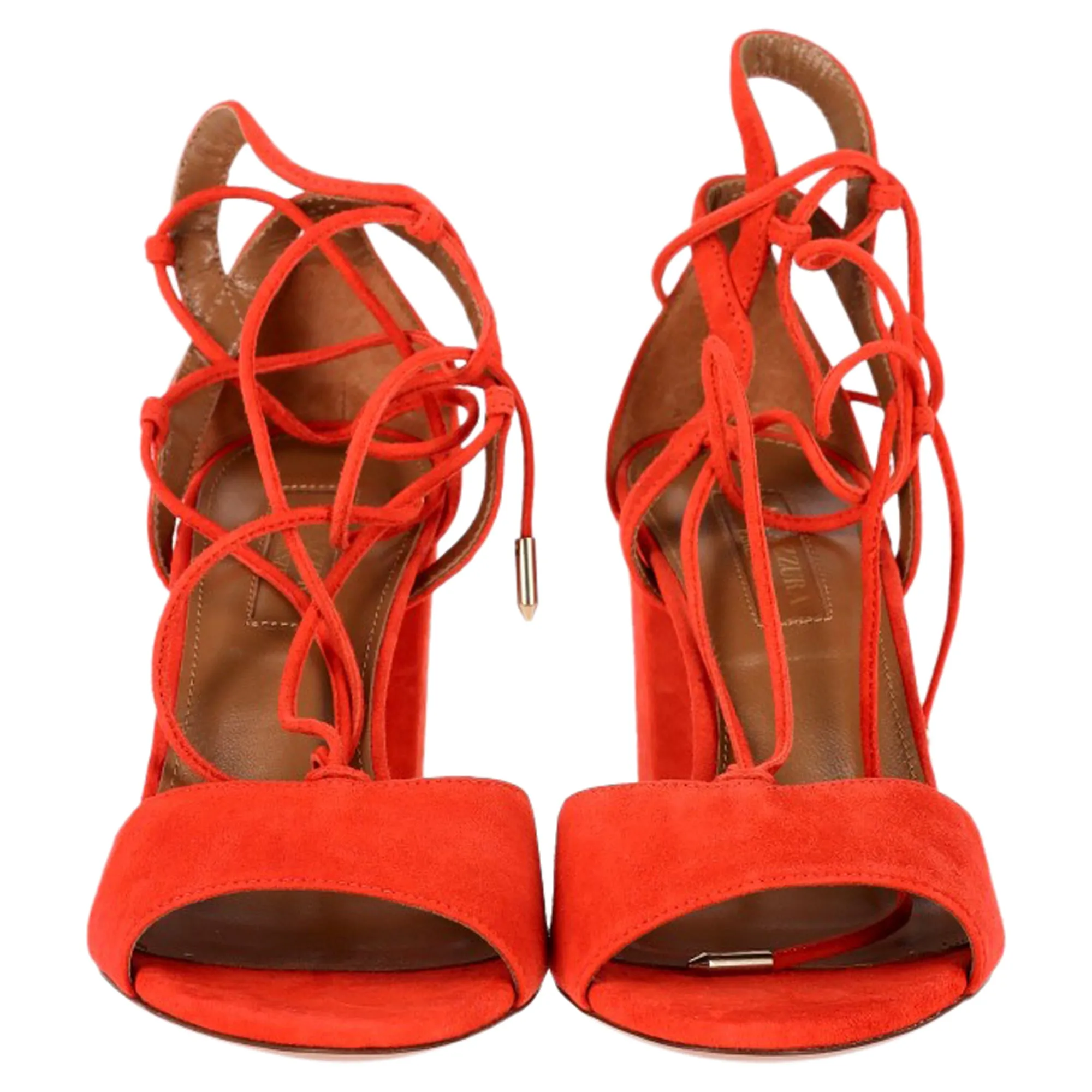 Aquazzura Austin Strappy Sandal Heels in Orange Suede