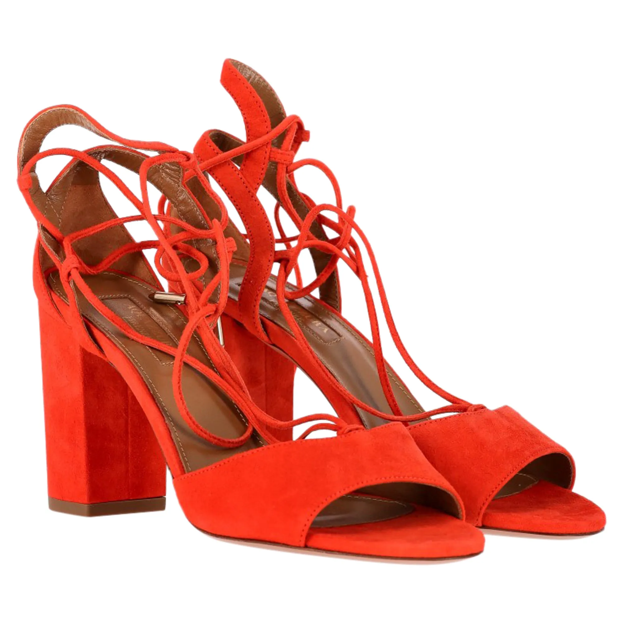 Aquazzura Austin Strappy Sandal Heels in Orange Suede