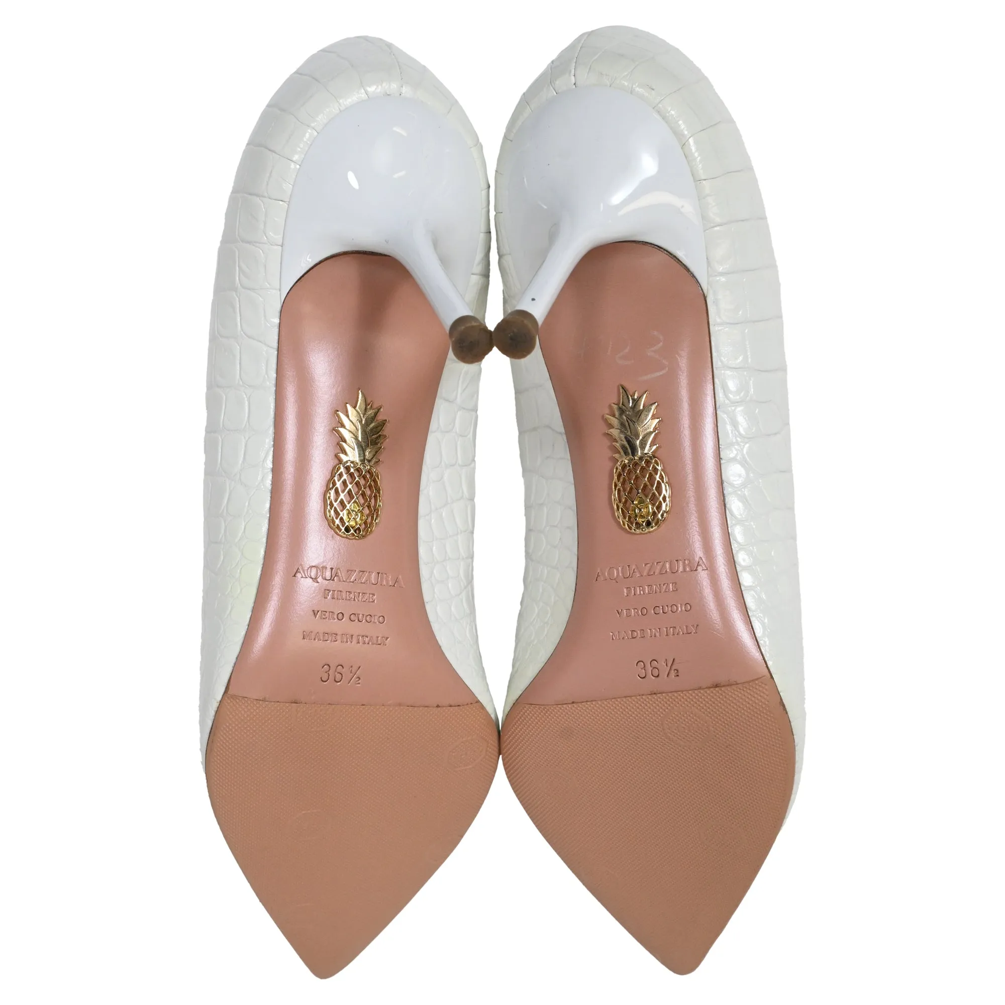 Aquazzura Crocodile-Embossed Pointed Pumps in White Leather