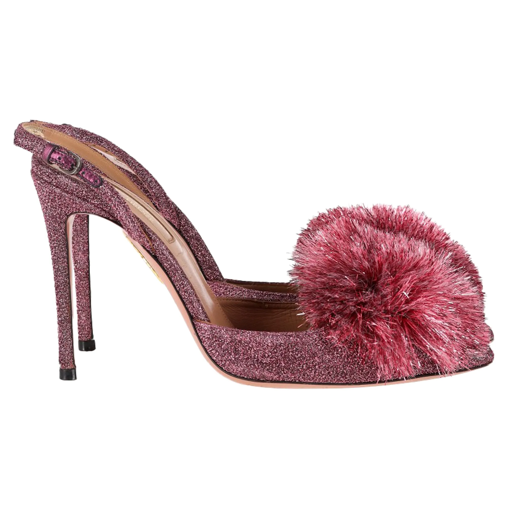 Aquazzura Pom-Pom Detail Slingback Pumps in Pink Glitter