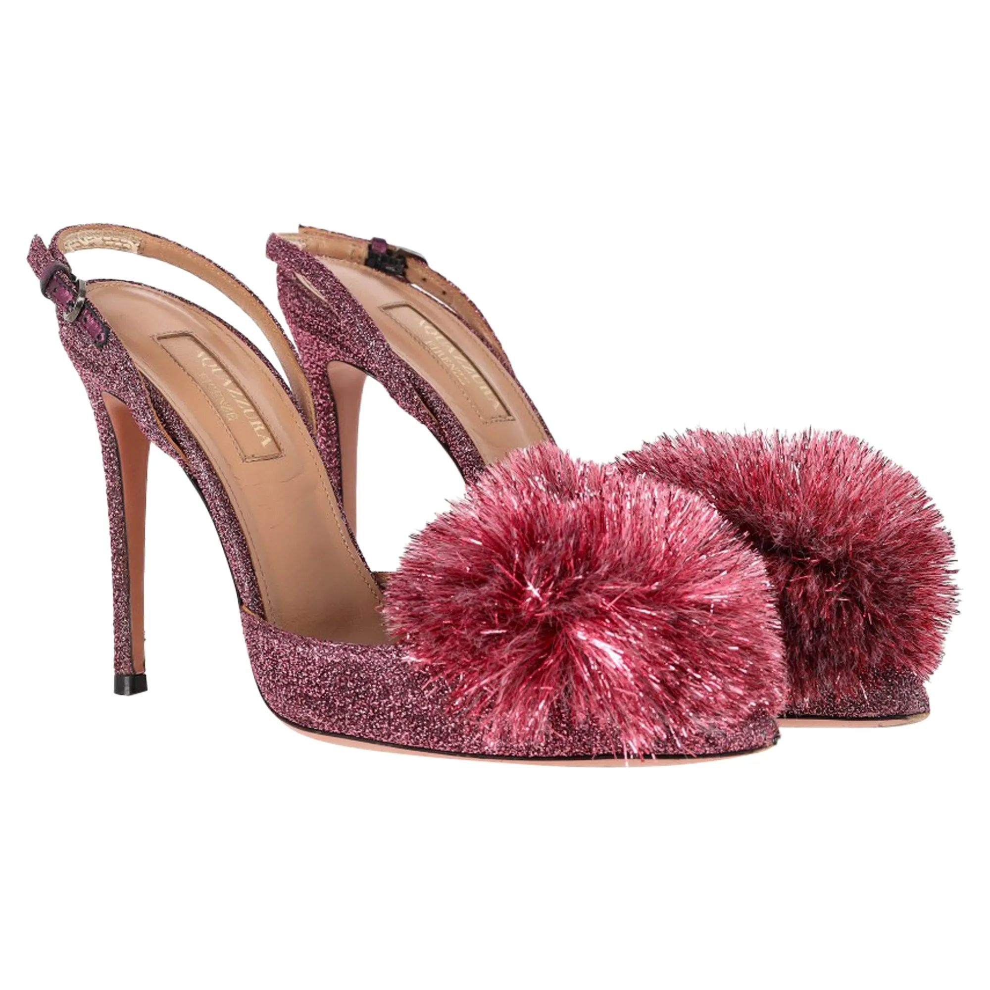 Aquazzura Pom-Pom Detail Slingback Pumps in Pink Glitter