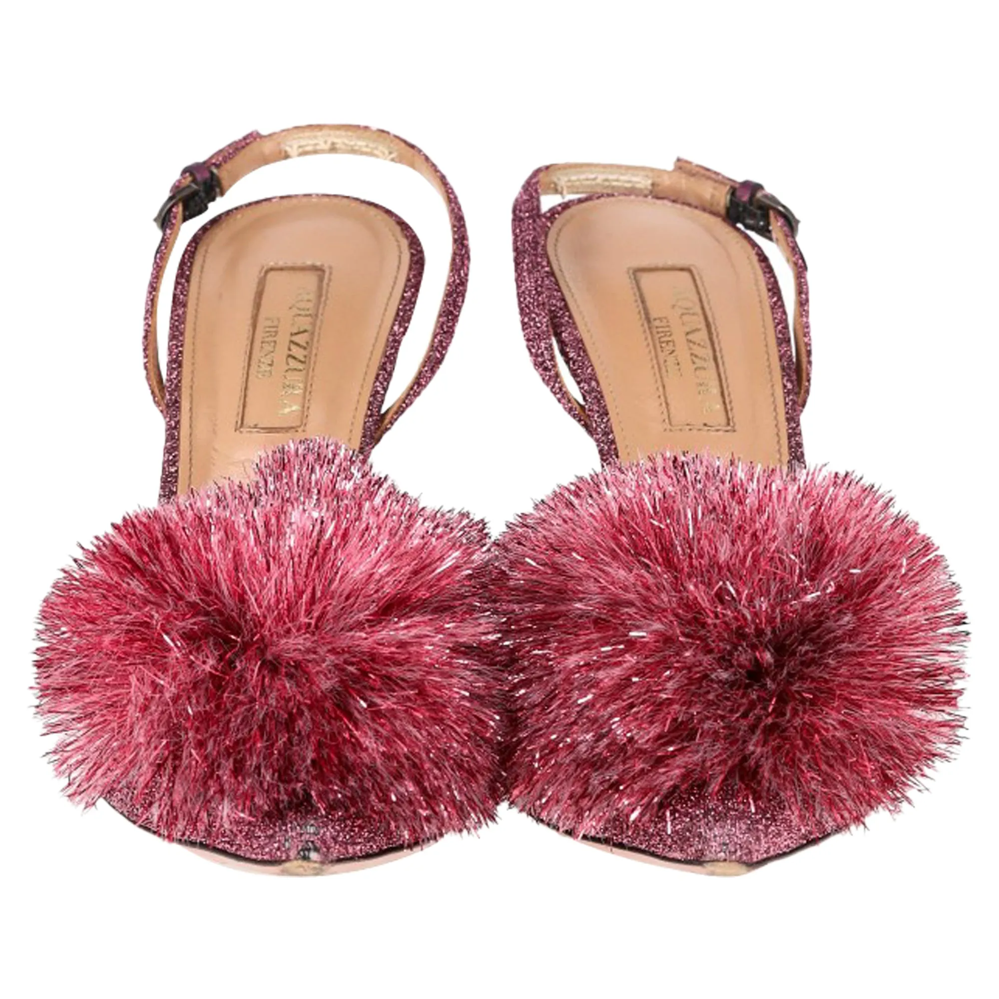 Aquazzura Pom-Pom Detail Slingback Pumps in Pink Glitter