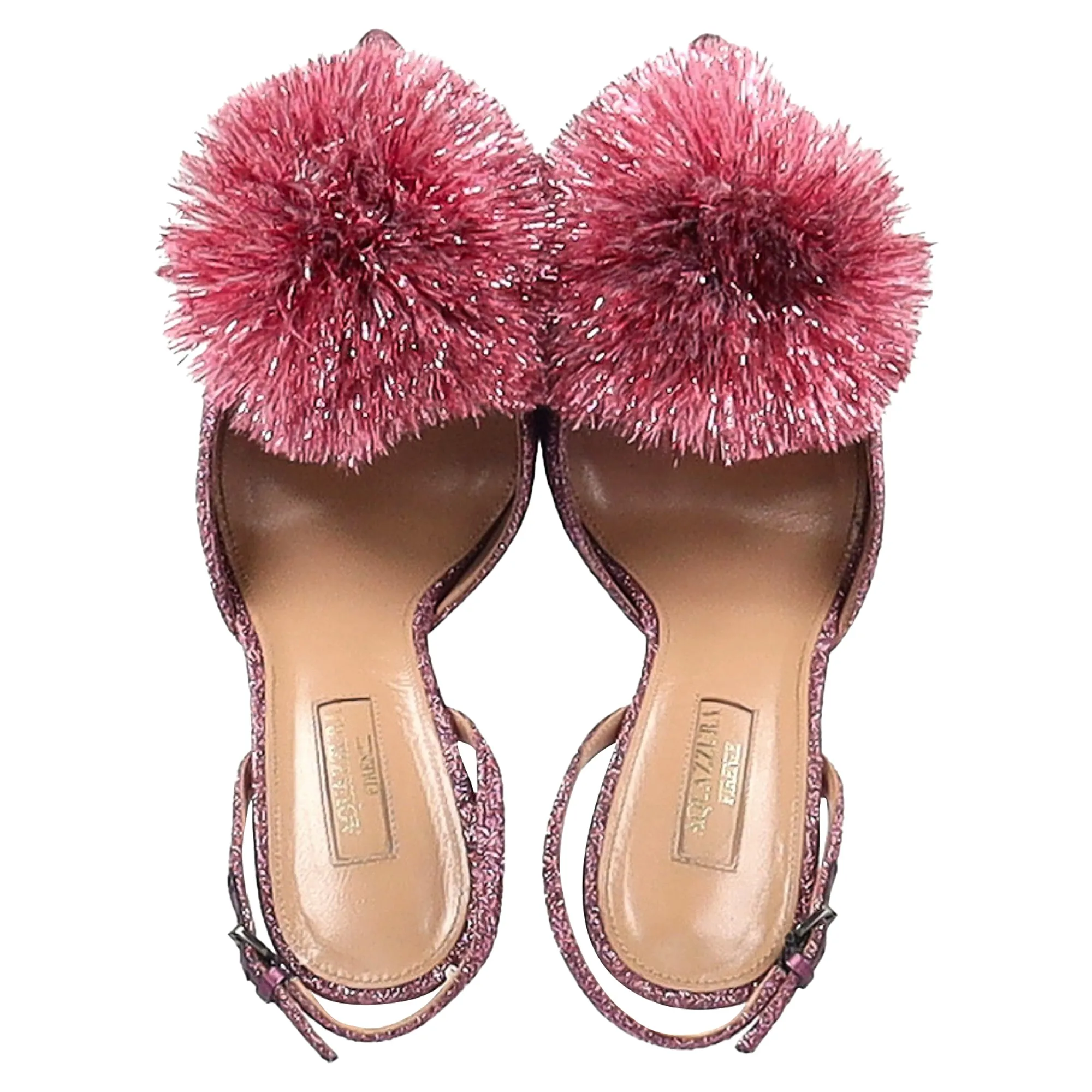 Aquazzura Pom-Pom Detail Slingback Pumps in Pink Glitter