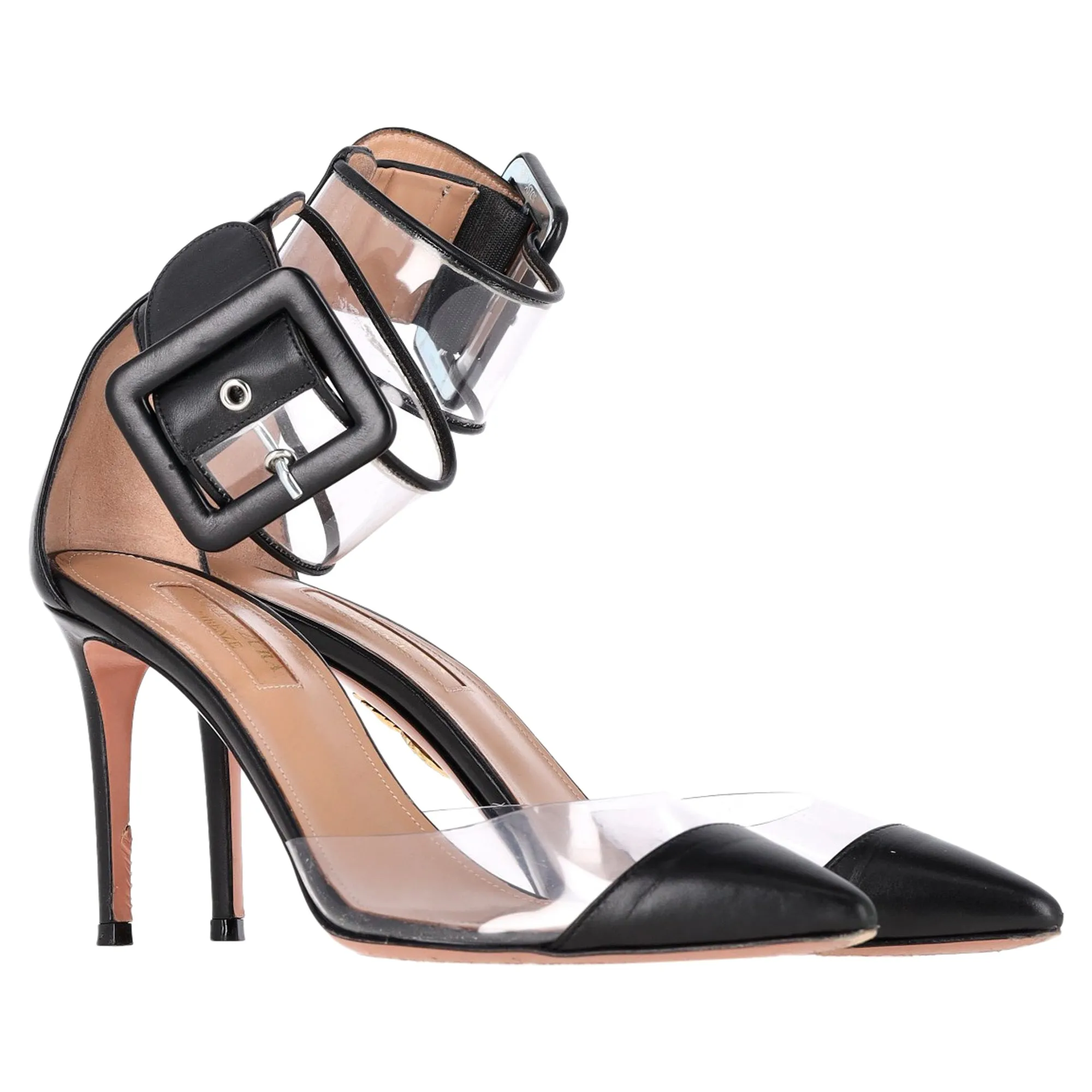 Aquazzura PVC Ankle Strap Sandals in Black Leather