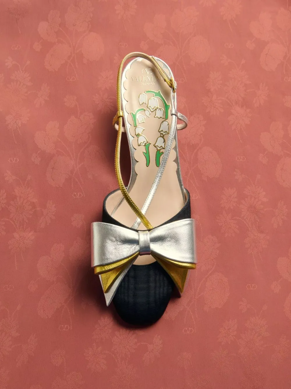Black and Silver Bowow Slingback Pumps in Moir Fabric