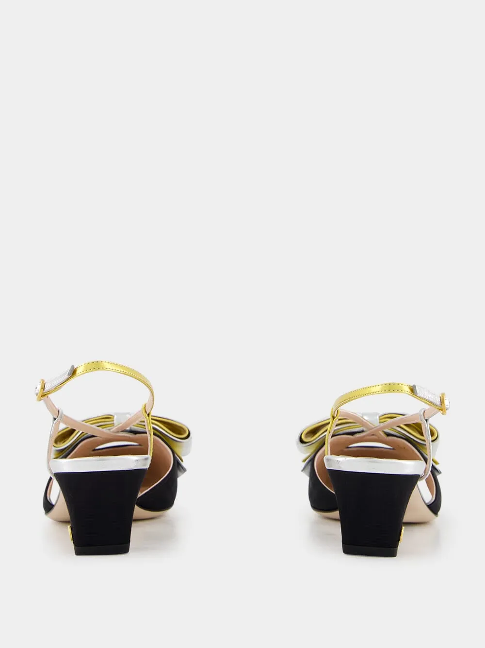 Black and Silver Bowow Slingback Pumps in Moir Fabric