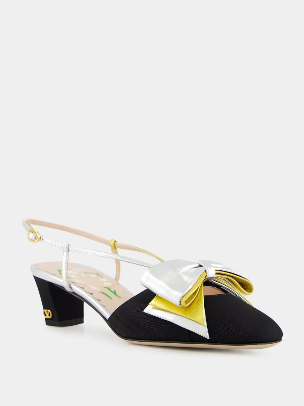 Black and Silver Bowow Slingback Pumps in Moir Fabric