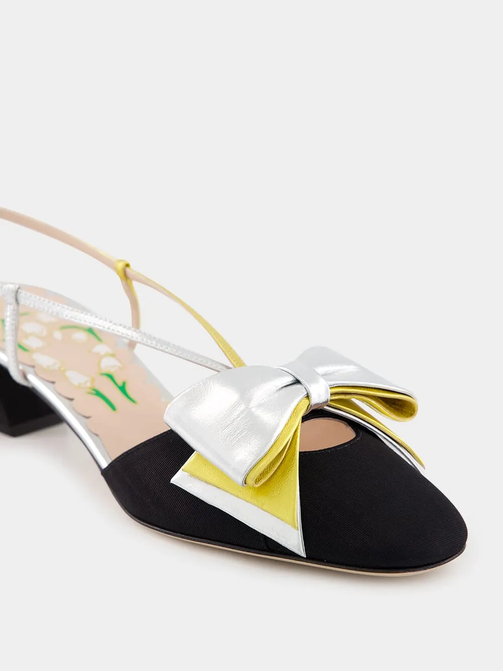 Black and Silver Bowow Slingback Pumps in Moir Fabric