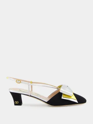 Black and Silver Bowow Slingback Pumps in Moir Fabric
