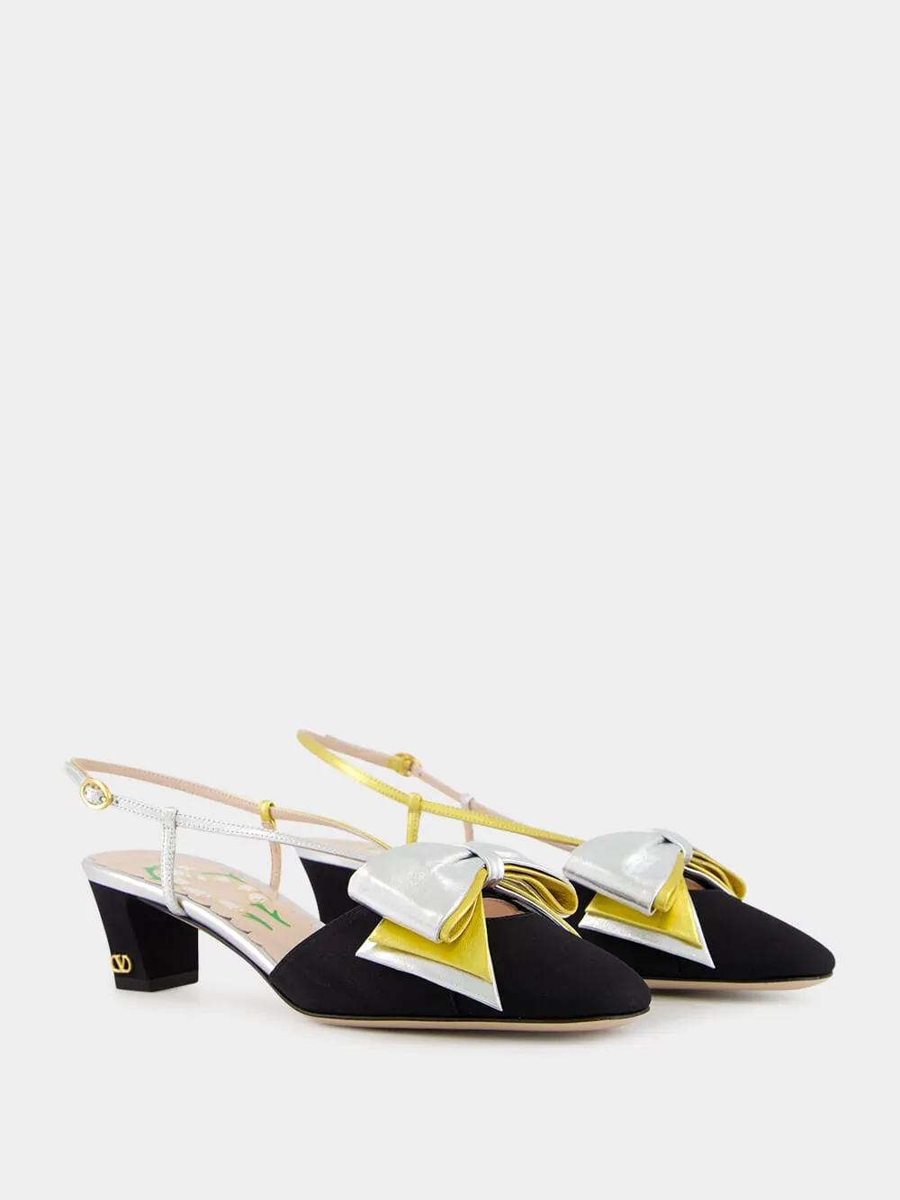 Black and Silver Bowow Slingback Pumps in Moir Fabric