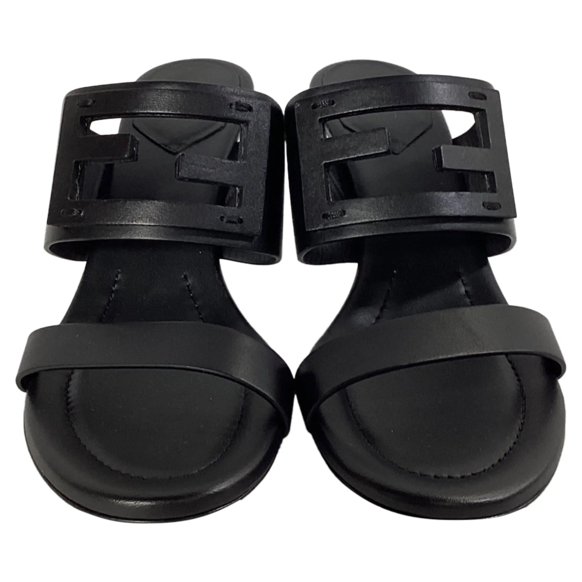 Fendi Baguette Slide Sandal Heels in Black Leather