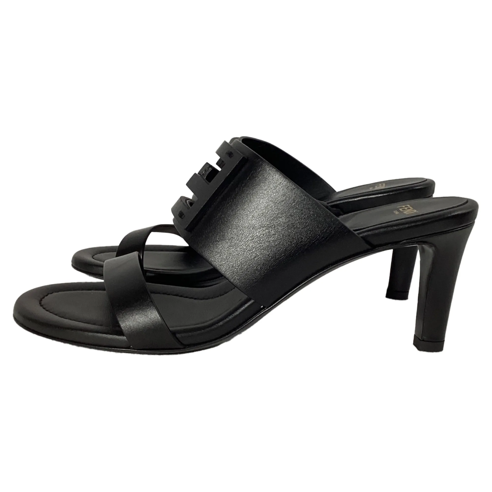 Fendi Baguette Slide Sandal Heels in Black Leather