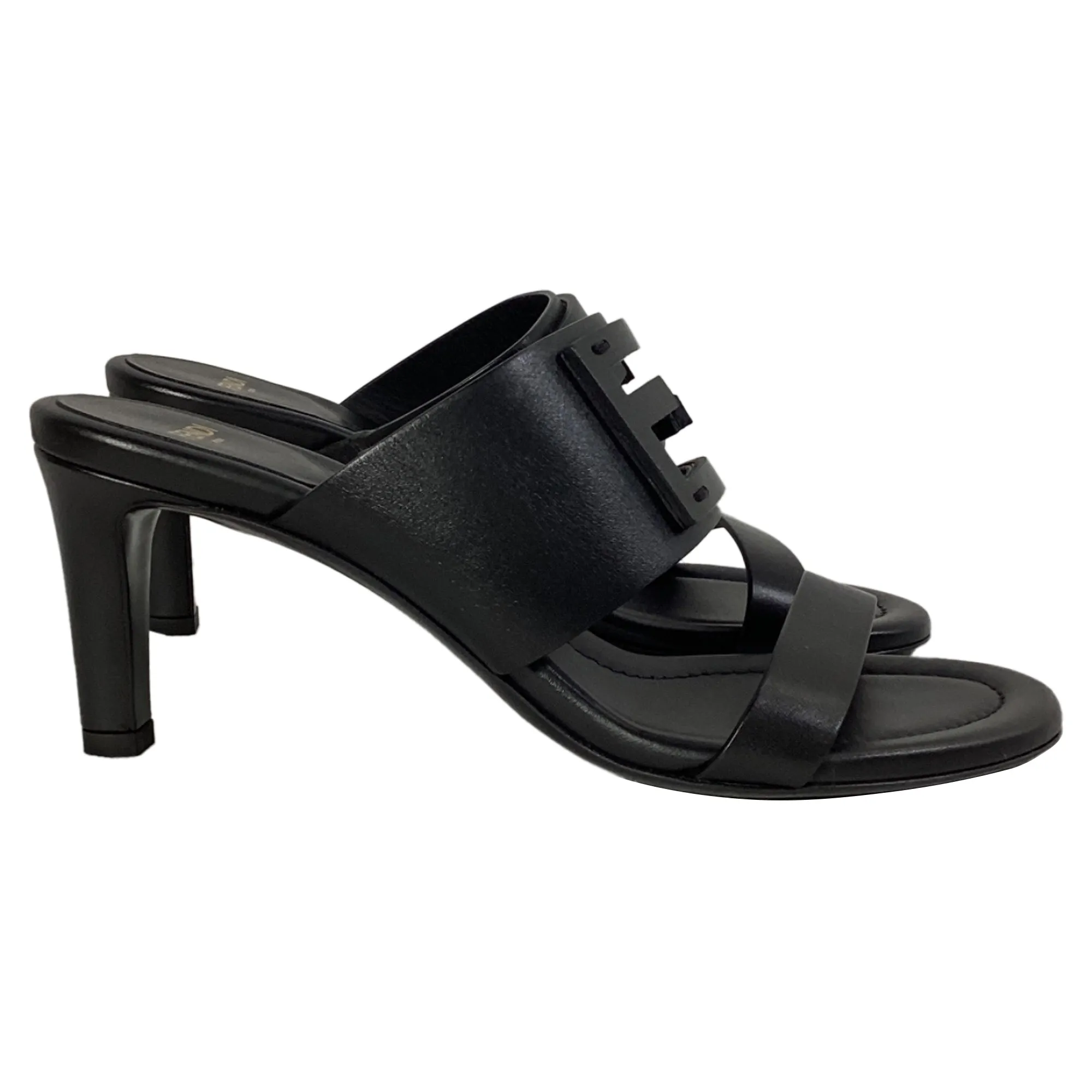 Fendi Baguette Slide Sandal Heels in Black Leather