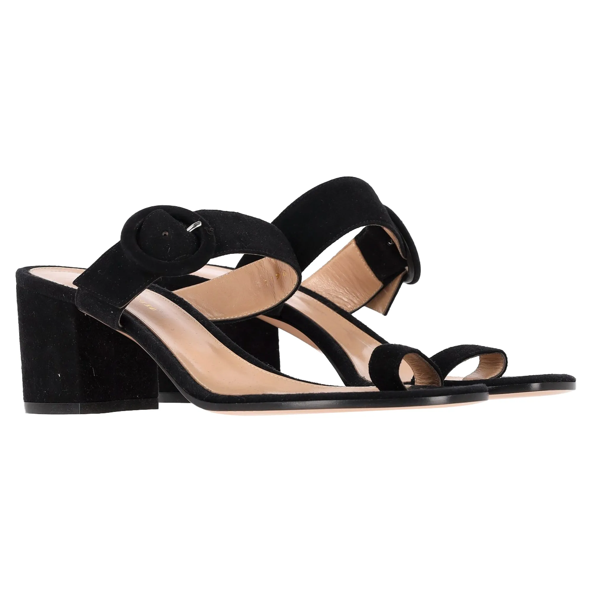 Gianvito Rossi Ring-Toe Buckle Strap Block Heel Mules in Black Suede