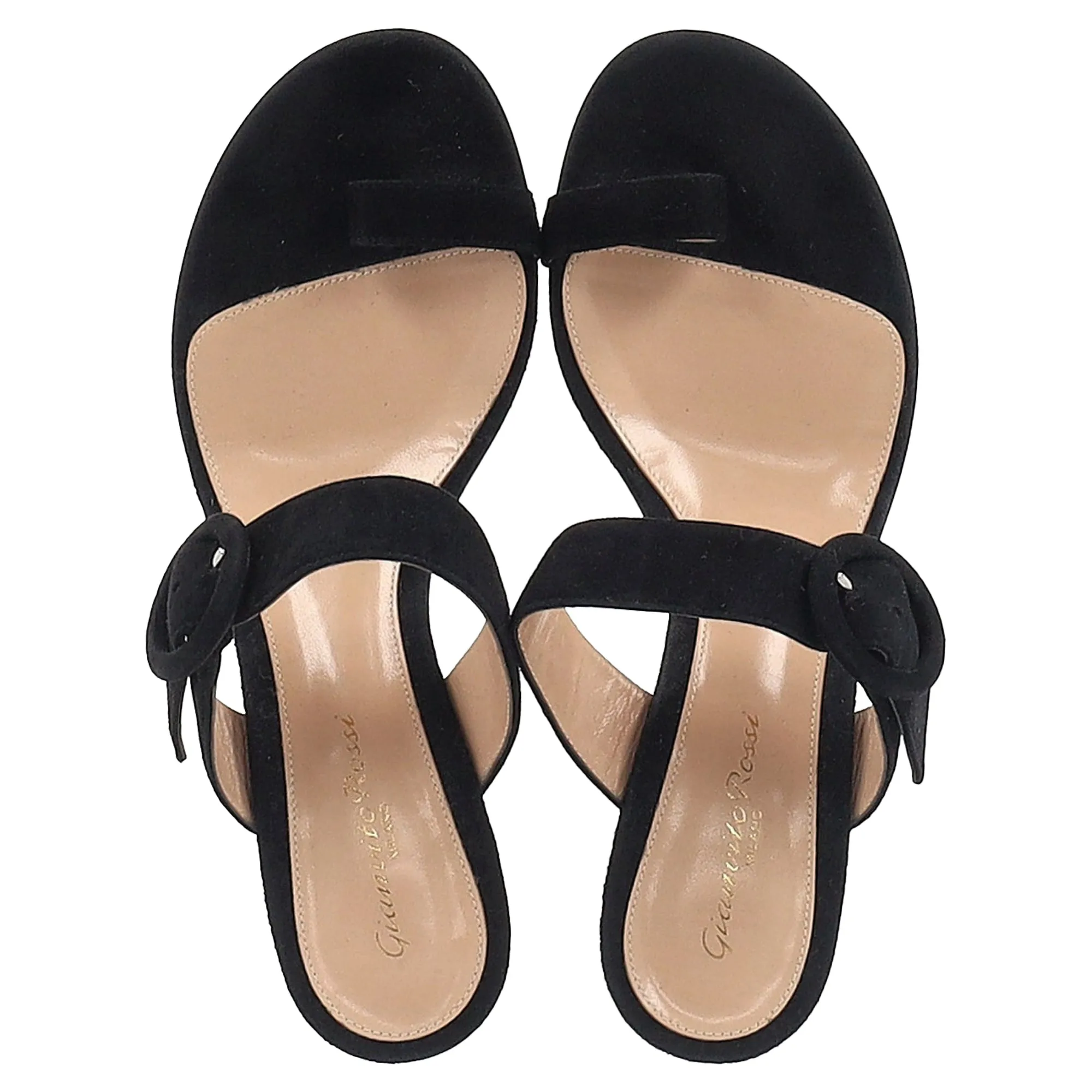 Gianvito Rossi Ring-Toe Buckle Strap Block Heel Mules in Black Suede