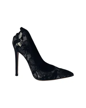 Gianvito Rossi Satin and Lace Pointed Toe Pumps in Black Cotton