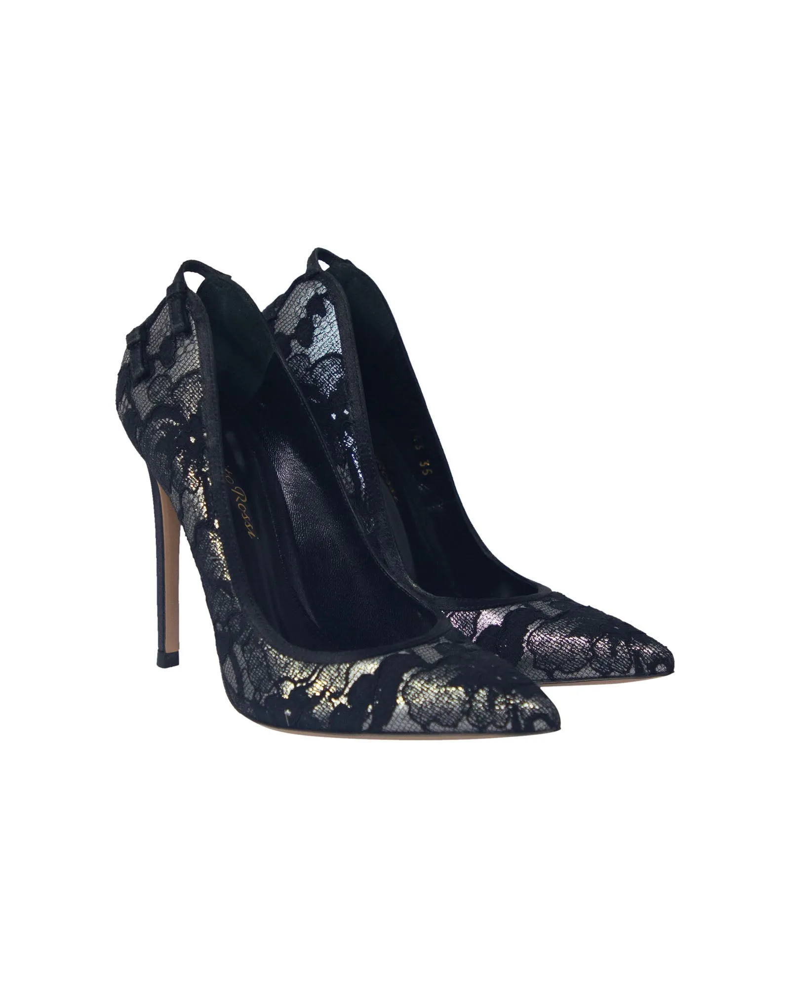 Gianvito Rossi Satin and Lace Pointed Toe Pumps in Black Cotton