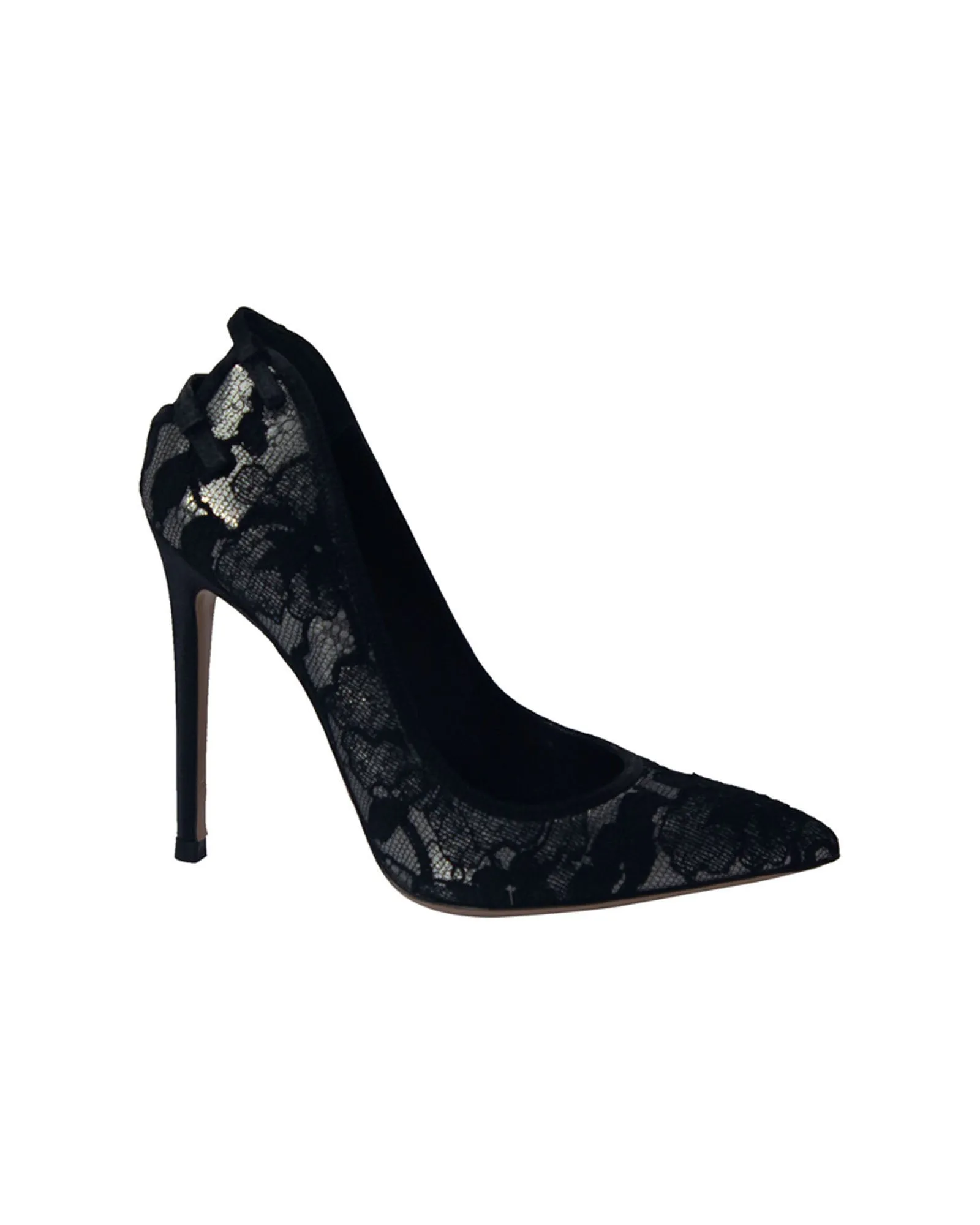 Gianvito Rossi Satin and Lace Pointed Toe Pumps in Black Cotton