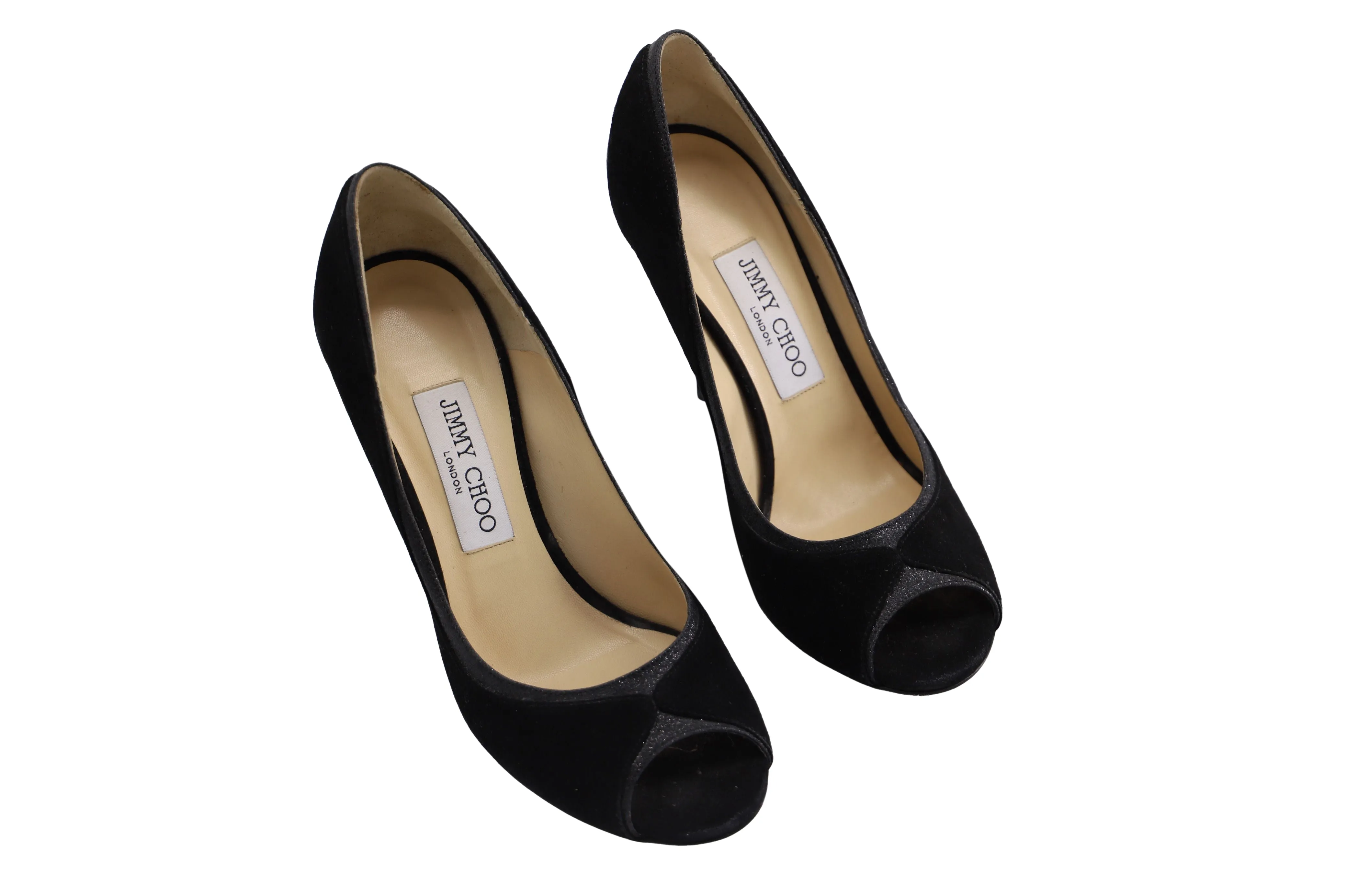 Jimmy Choo 100 Deceive Glitter Peep Toe Pumps in Black Suede