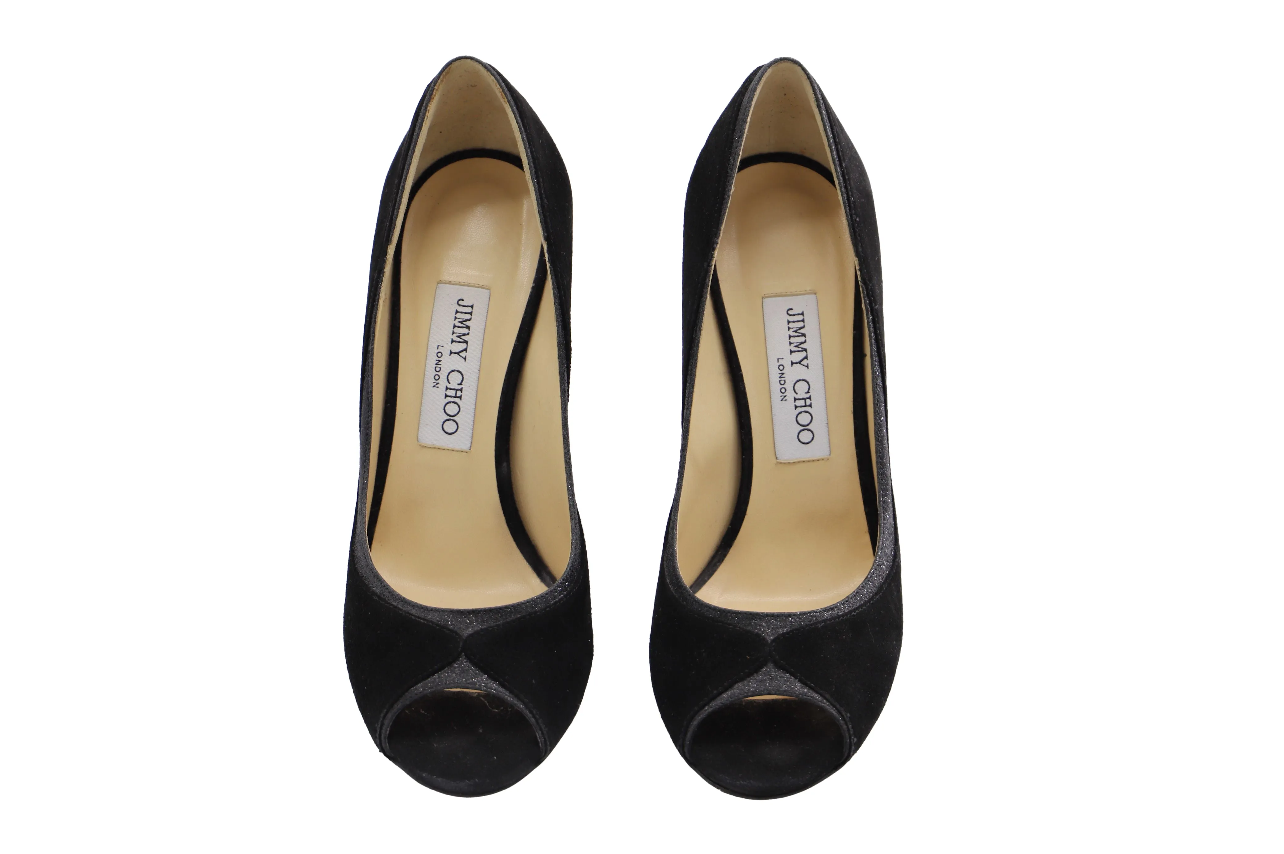 Jimmy Choo 100 Deceive Glitter Peep Toe Pumps in Black Suede