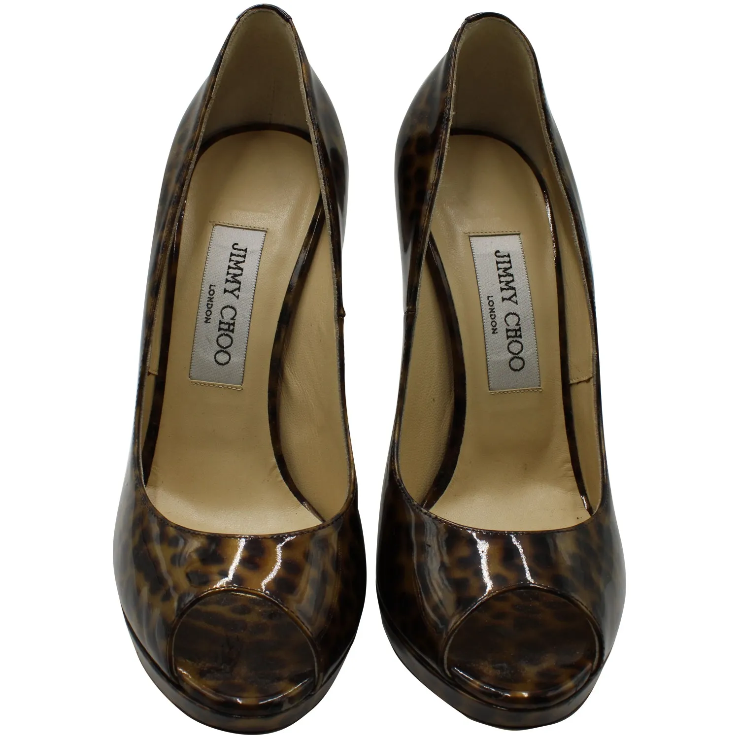 Jimmy Choo Animal Print Peep Toe Platform Heels in Multicolor Patent Leather