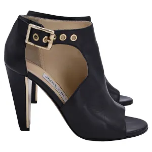 Jimmy Choo Belted Detail Open Toe Ankle Boots in Black Leather