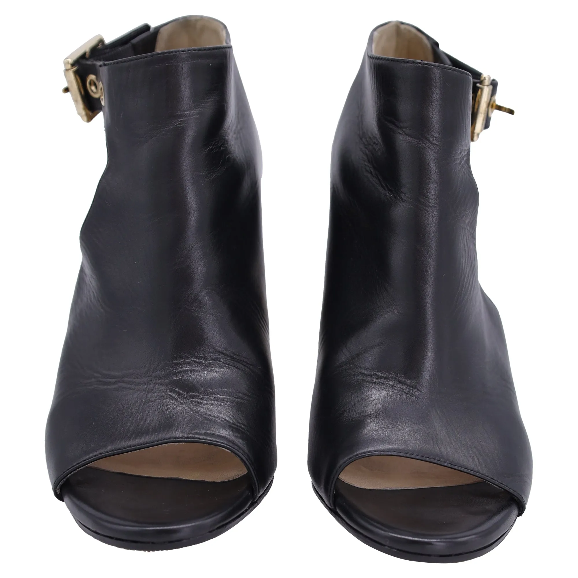 Jimmy Choo Belted Detail Open Toe Ankle Boots in Black Leather