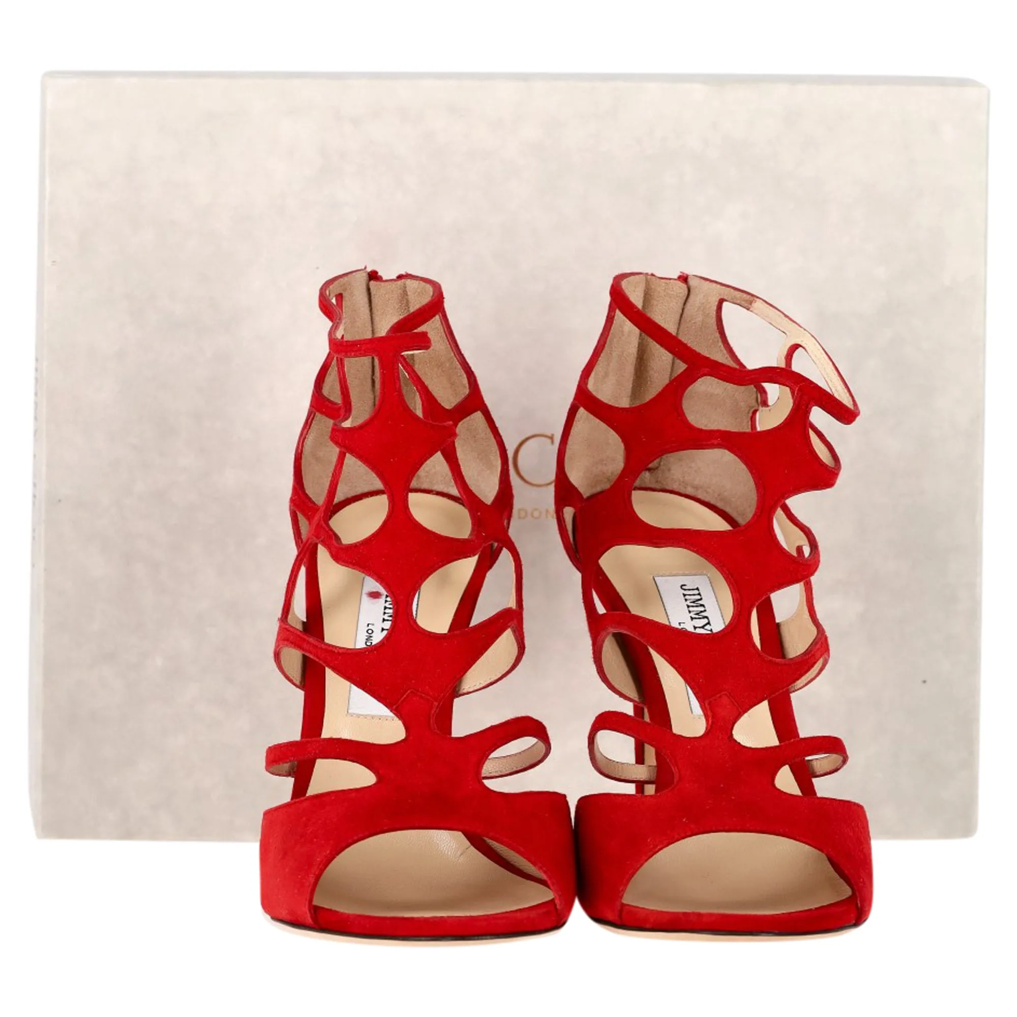 Jimmy Choo Ren 100 Caged Sandals in Red Suede