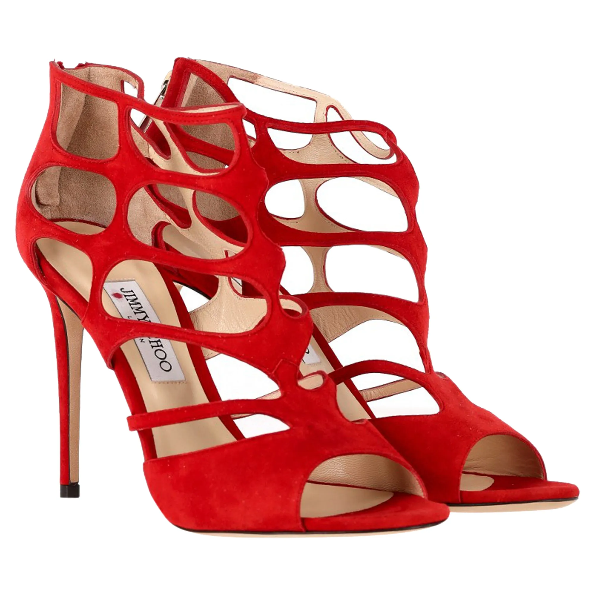 Jimmy Choo Ren 100 Caged Sandals in Red Suede