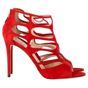 Jimmy Choo Ren 100 Caged Sandals in Red Suede