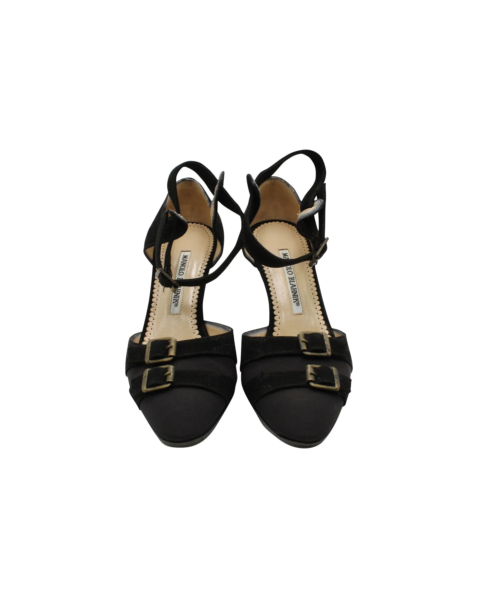 Manolo Blahnik Slingback Mid Heel Sandals in Black Suede
