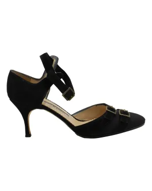 Manolo Blahnik Slingback Mid Heel Sandals in Black Suede