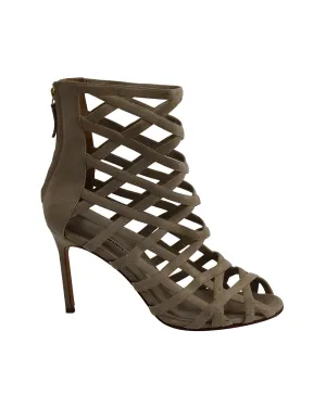 Manolo Blahnik Vagibu Cage Ankle High Heel Sandals in Khaki Suede