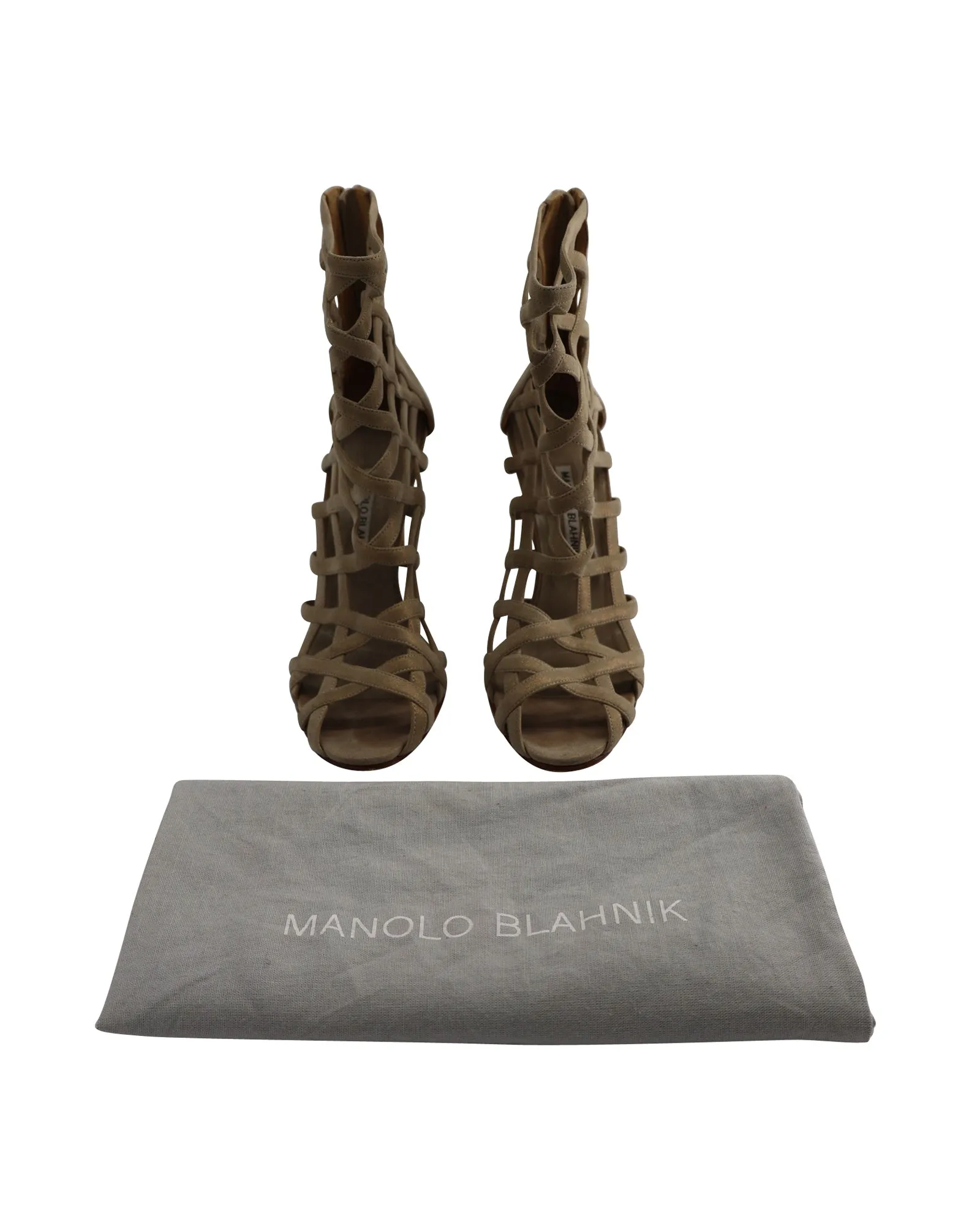 Manolo Blahnik Vagibu Cage Ankle High Heel Sandals in Khaki Suede