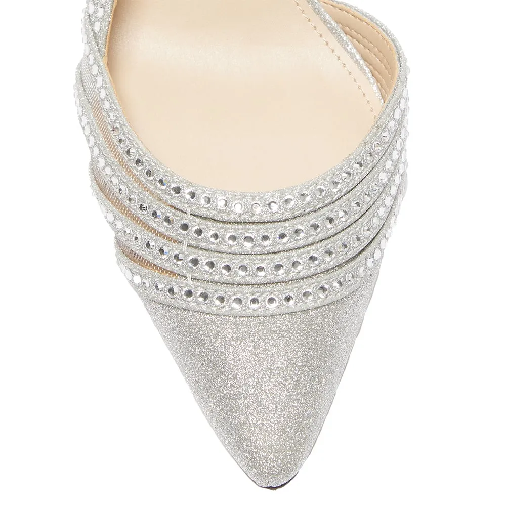 Noreen Heel in Silver Vinyl Glitter Fabric