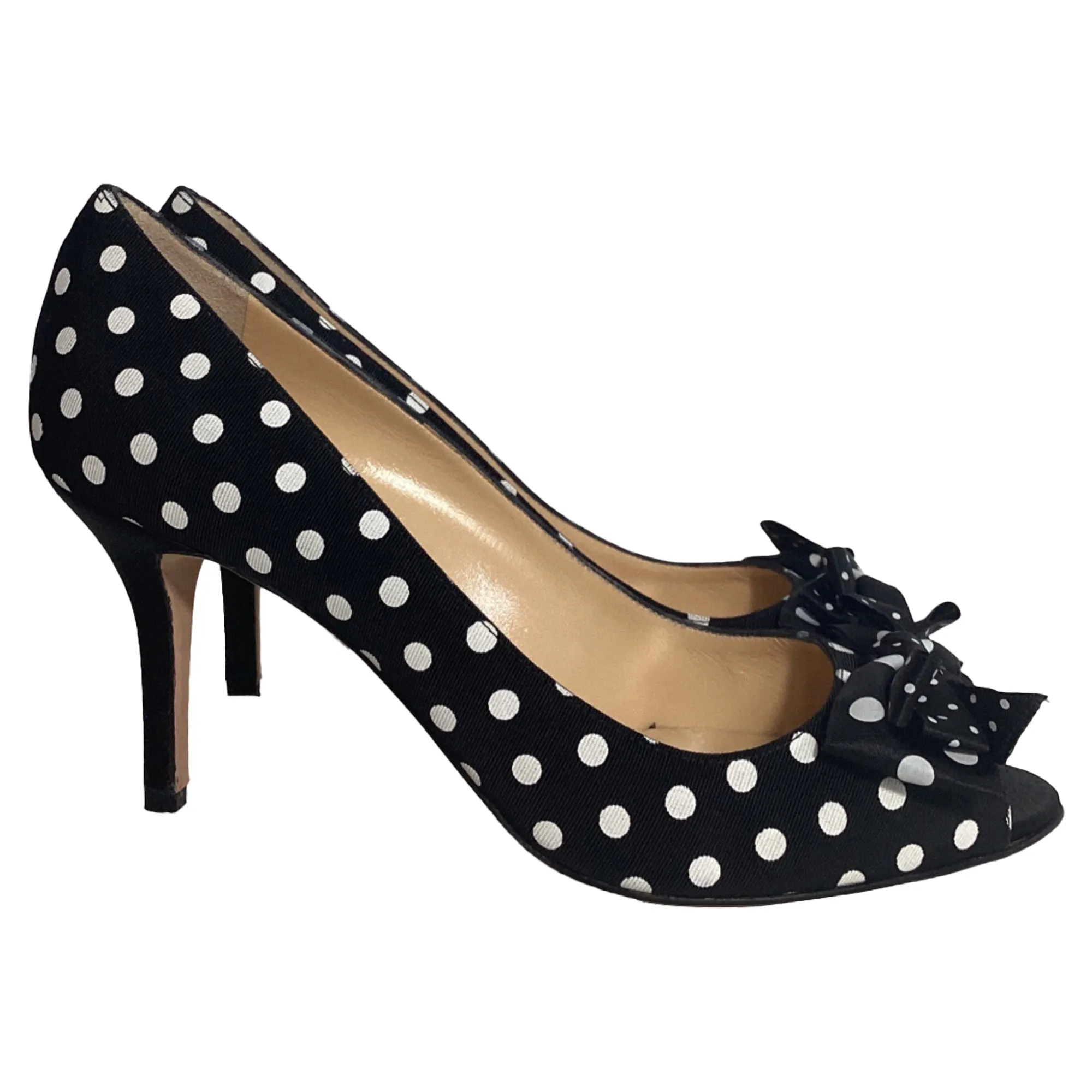 Oscar De La Renta Polka Dot Peep Toe Pumps in Black Satin