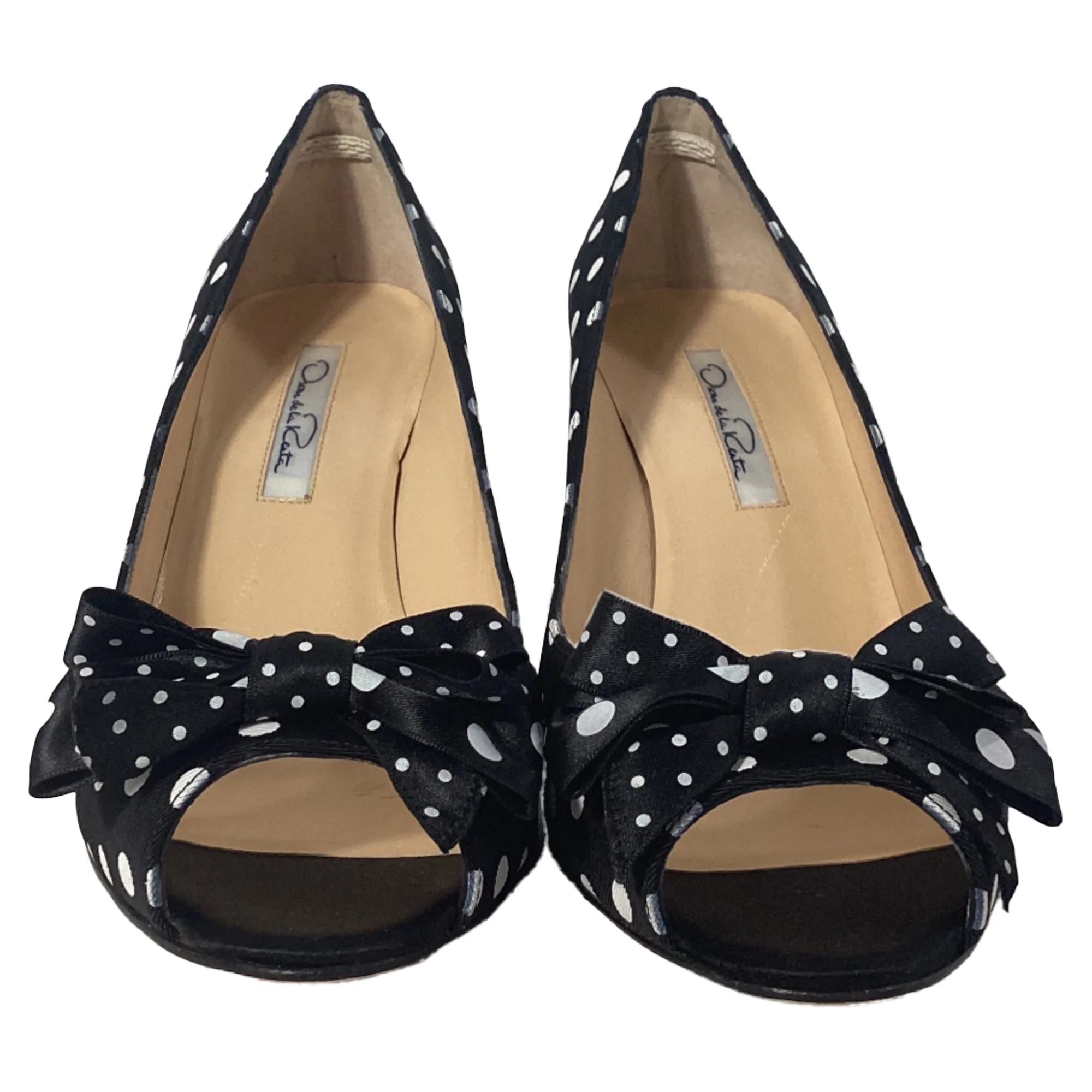 Oscar De La Renta Polka Dot Peep Toe Pumps in Black Satin