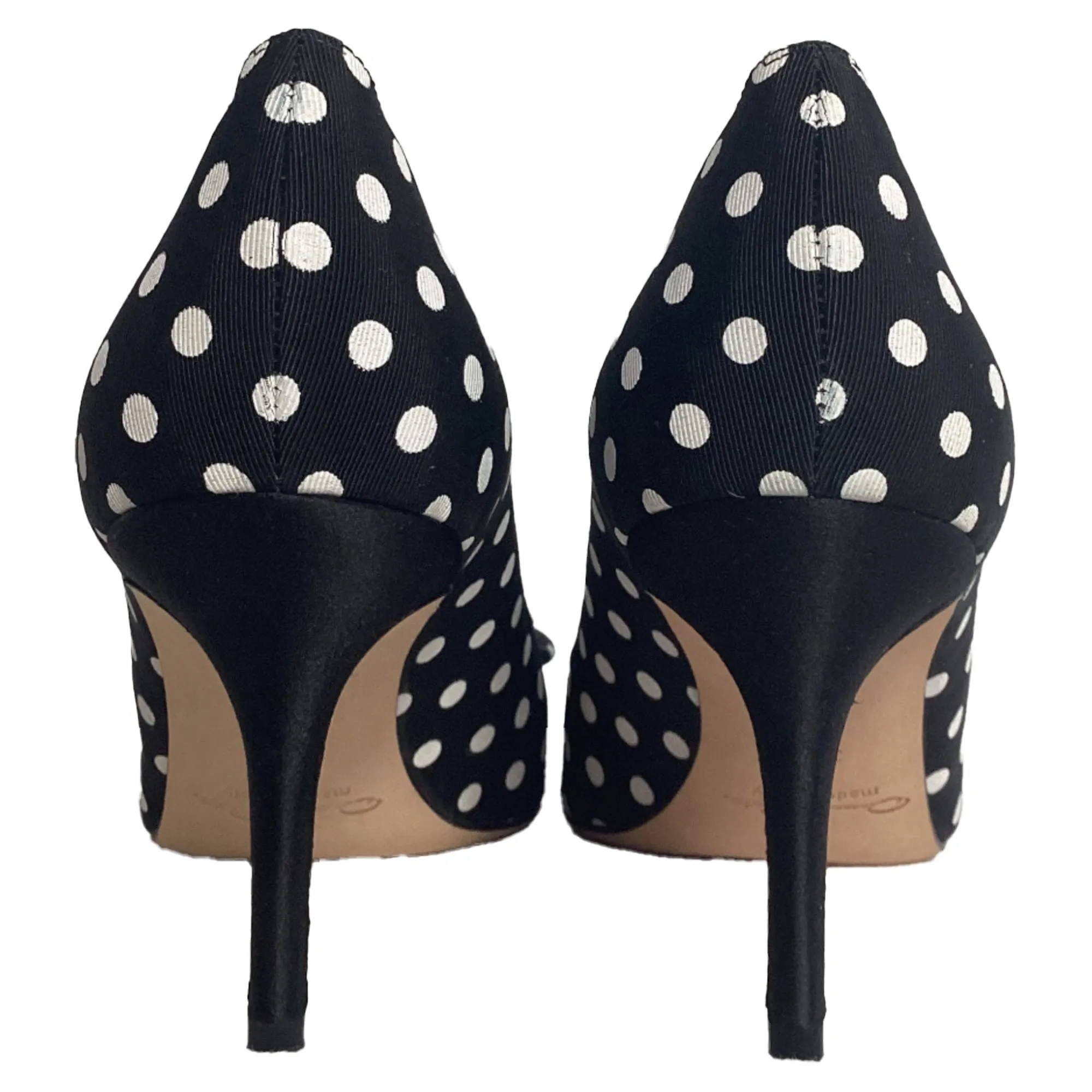 Oscar De La Renta Polka Dot Peep Toe Pumps in Black Satin