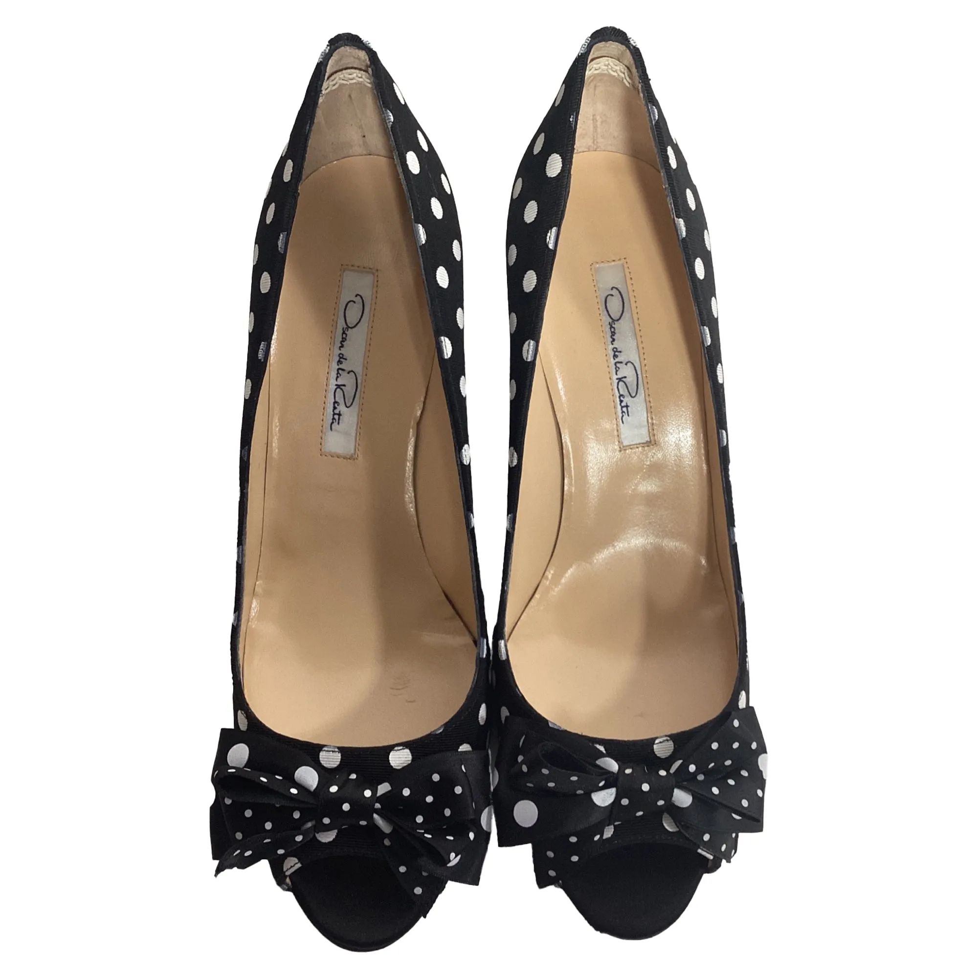 Oscar De La Renta Polka Dot Peep Toe Pumps in Black Satin