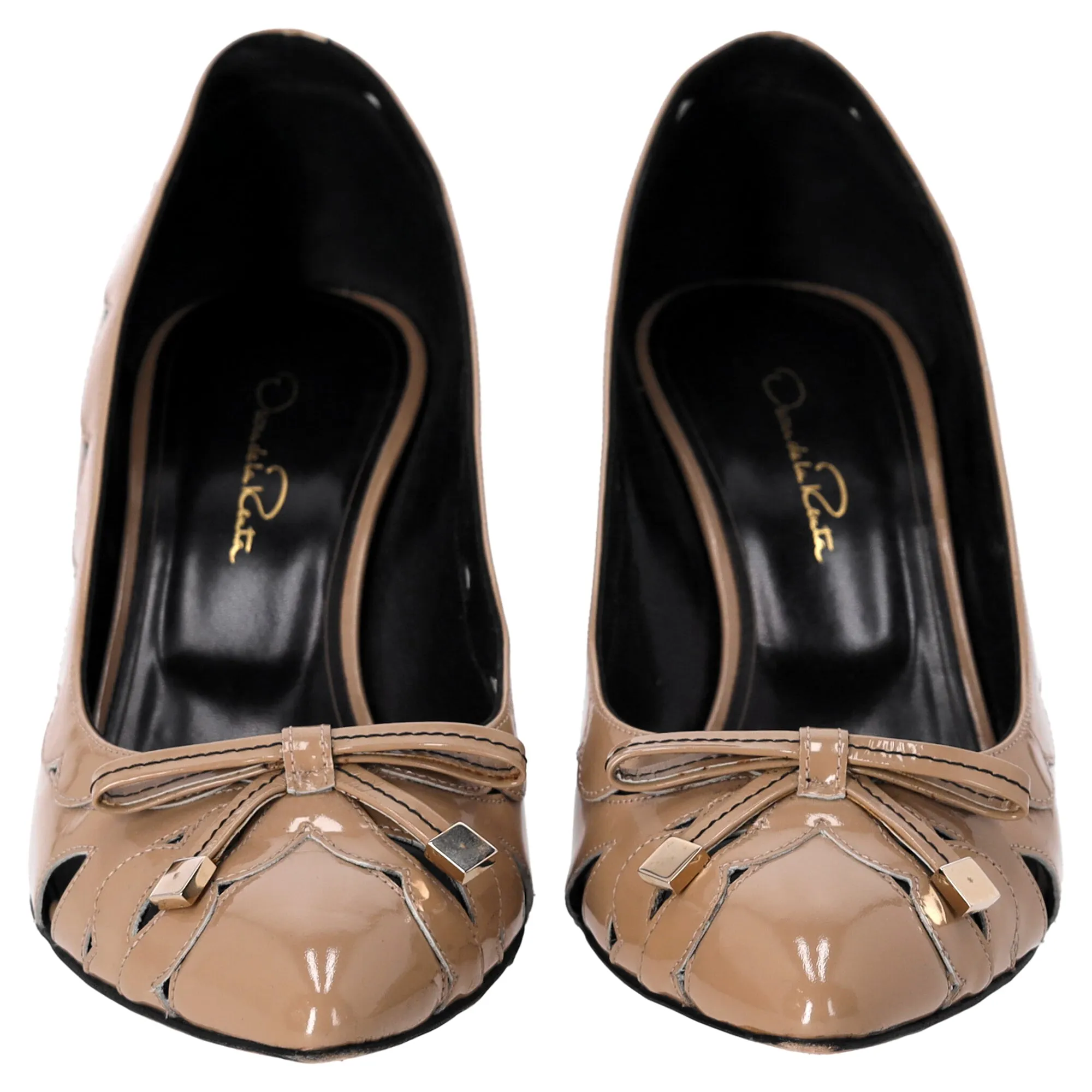 Oscar De La Renta Scallop and Bow Detail Pumps in Brown Patent Leather