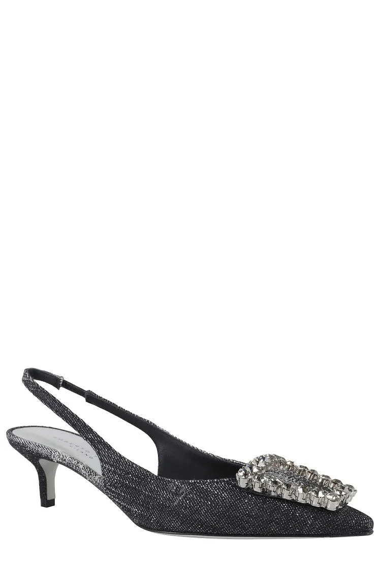 Pointed Toe Slingback Shoes With Rhinestone Embellishment