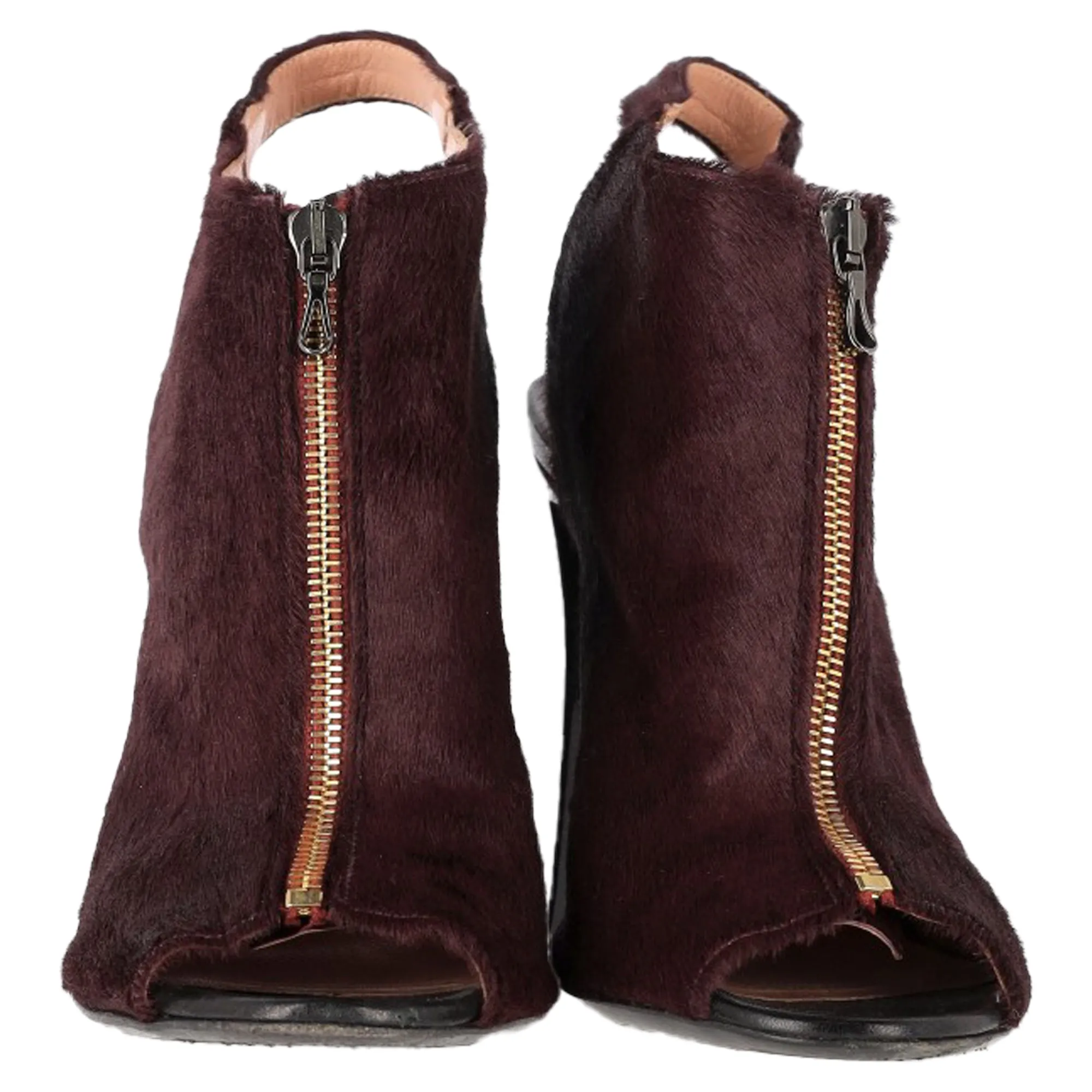 Roland Mouret Zipped Peep-Toe Heeled Boots in Burgundy Pony Hair