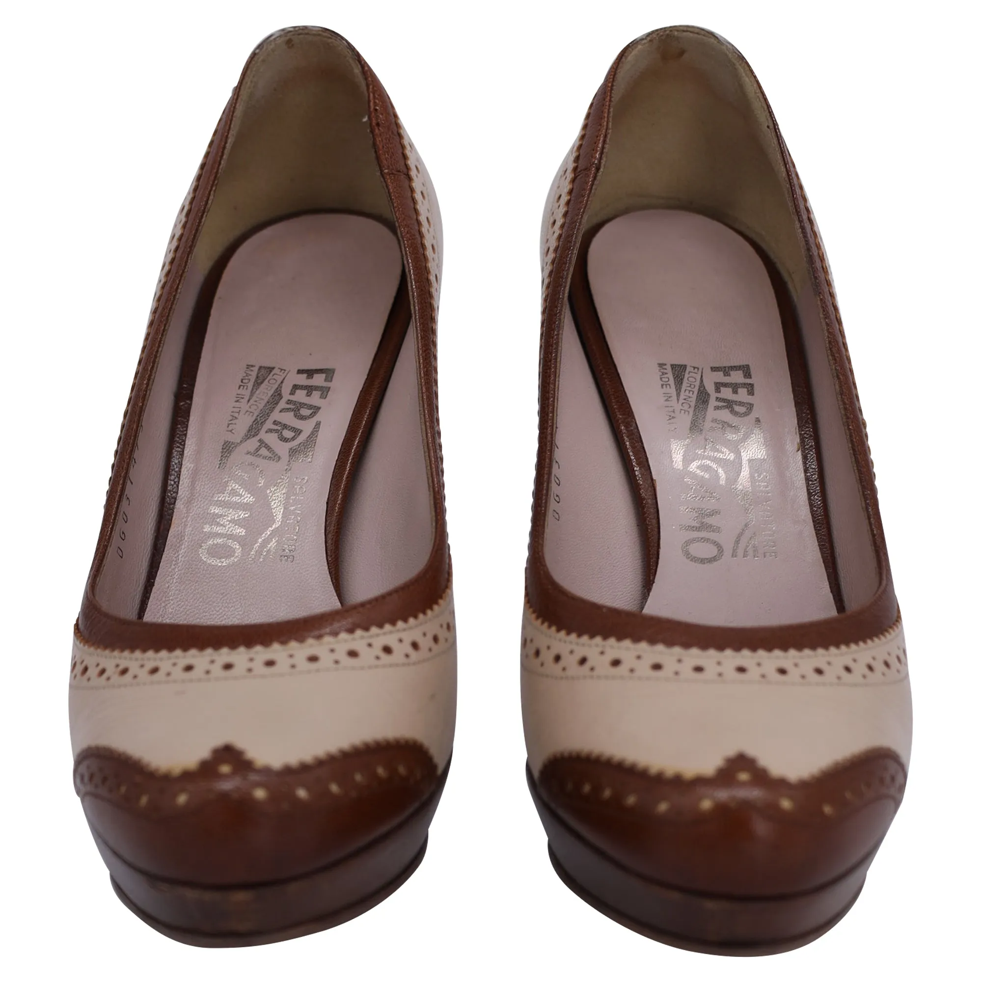 Salvatore Ferragamo Brogue Platform Pumps in Brown Leather
