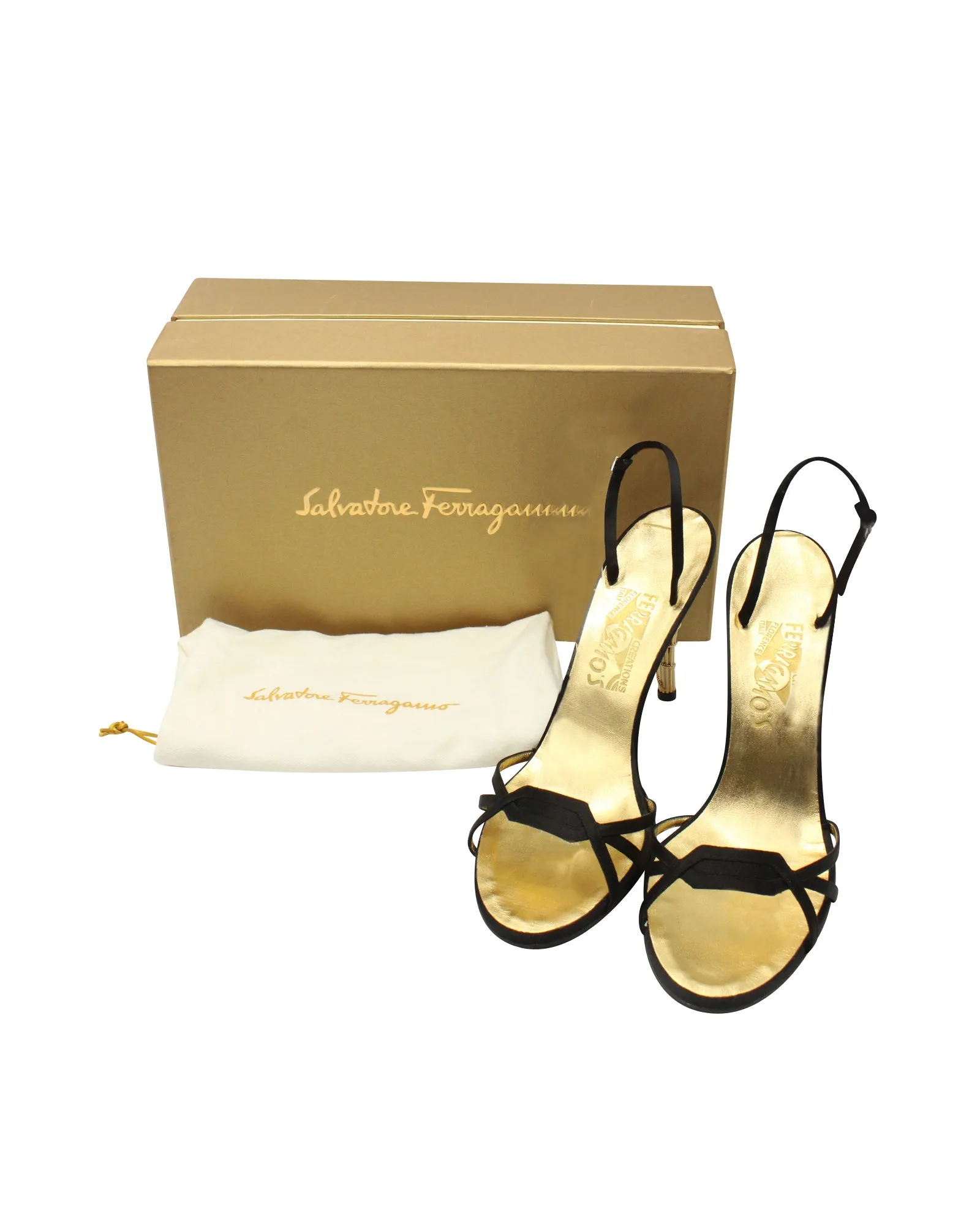Salvatore Ferragamo Calipso 1956 Satin-Trimmed Sandals in Black Leather