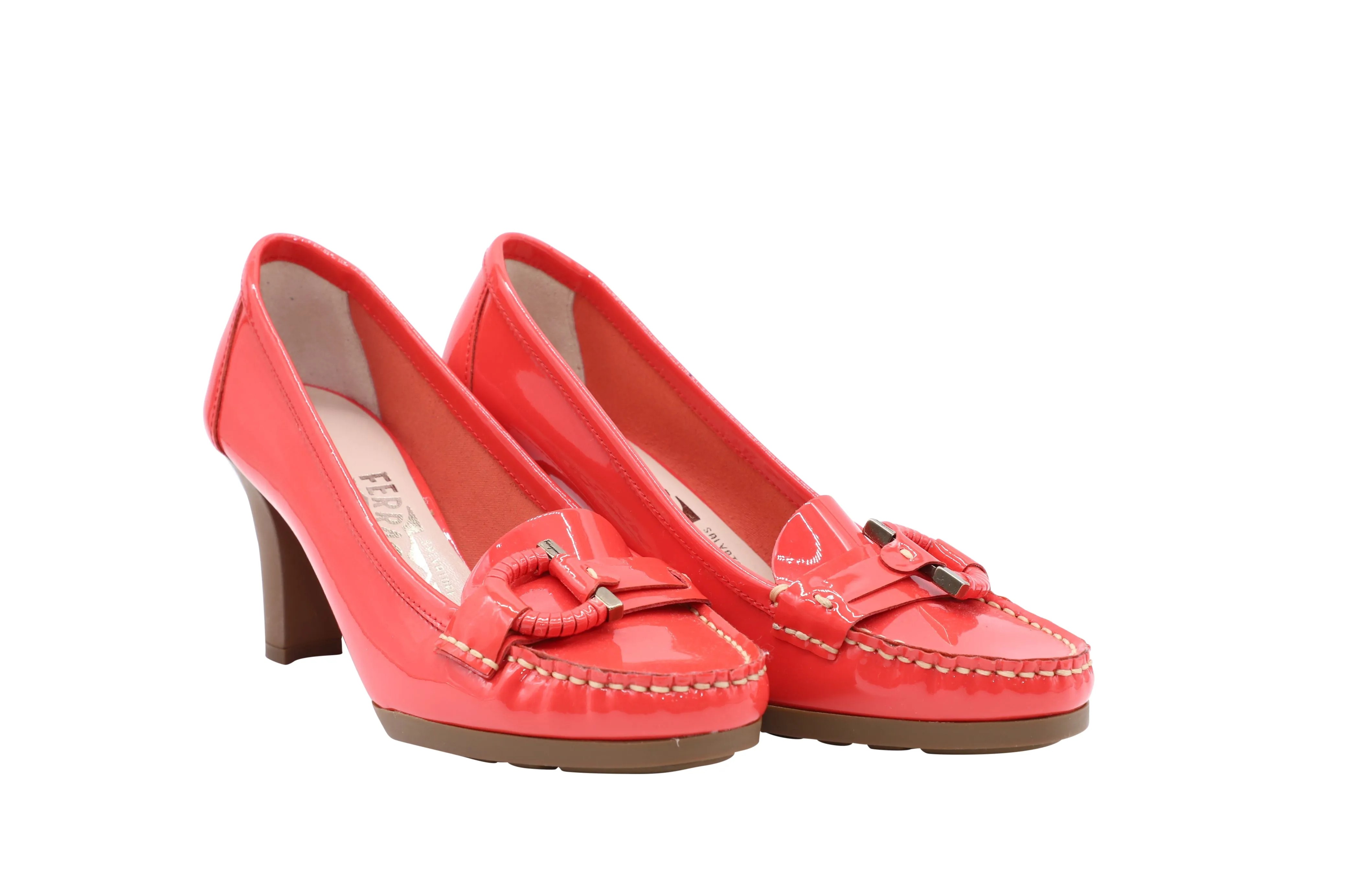 Salvatore Ferragmo Gancini Loafer Heels in Red Patent Leather