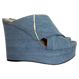 Sergio Rossi Alma Slip-On Wedge Sandals in Blue Cotton Denim